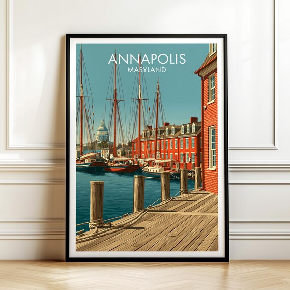 Annapolis Maryland Harbor Sailboats Vintage Travel Style Art Poster