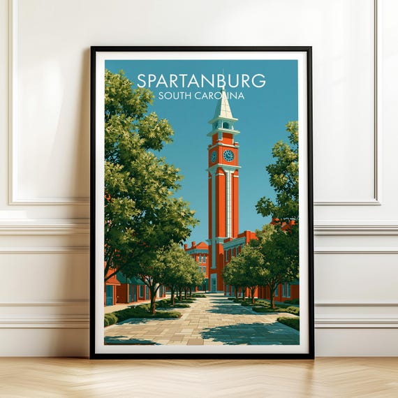 Spartanburg South Carolina Poster Vintage Usa Cityscape Travel Wall Art American Landmark Print Americana Decor