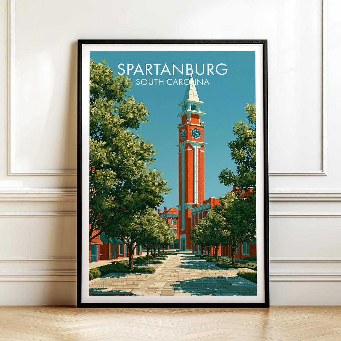 Spartanburg South Carolina Clock Tower Vintage Travel Poster Art