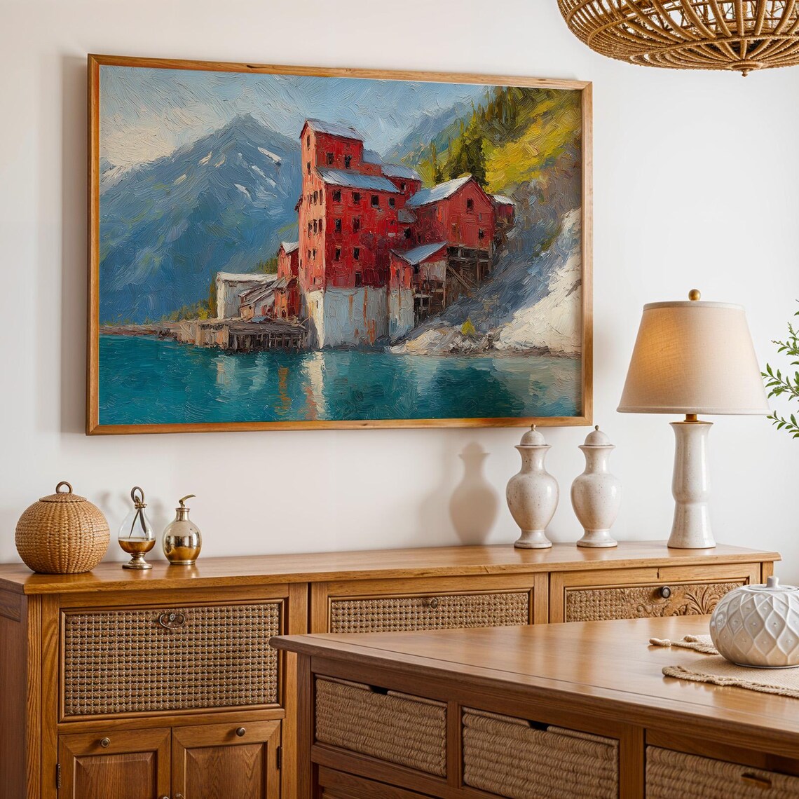 Wrangell St Elias National Park Red Waterfront Buildings Oil Painting Poster