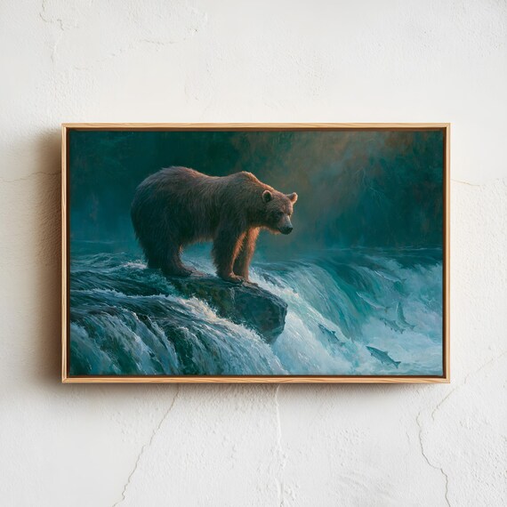 Brown Bear At Waterfall Watching Salmon Leap Wildlife Poster