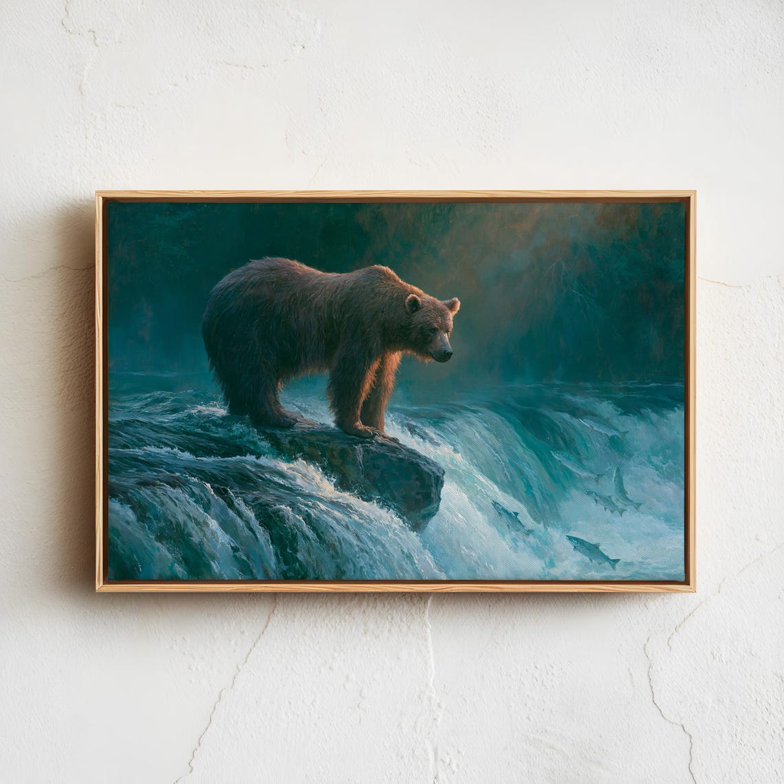 Brown Bear At Waterfall Watching Salmon Leap Wildlife Poster