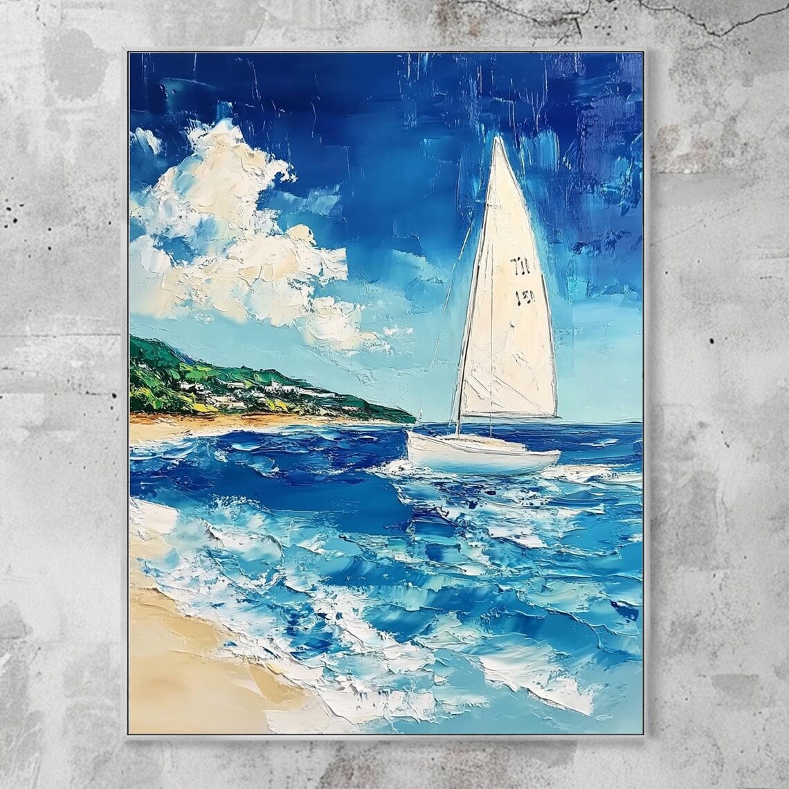 Lone White Sailboat by Sandy Beach Blue Waves Coastal Art Poster