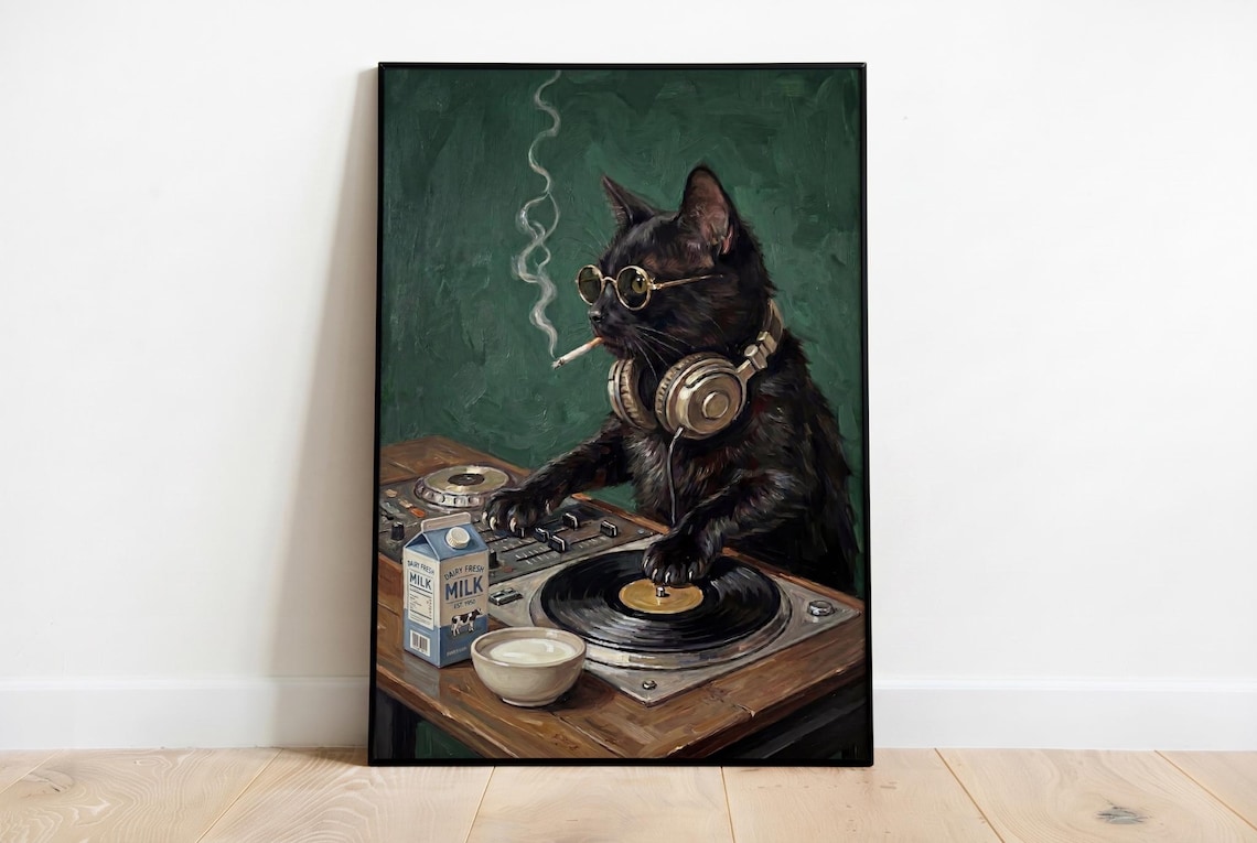 Black Cat DJ Headphones Sunglasses Vintage Vinyl Turntable Wall Art