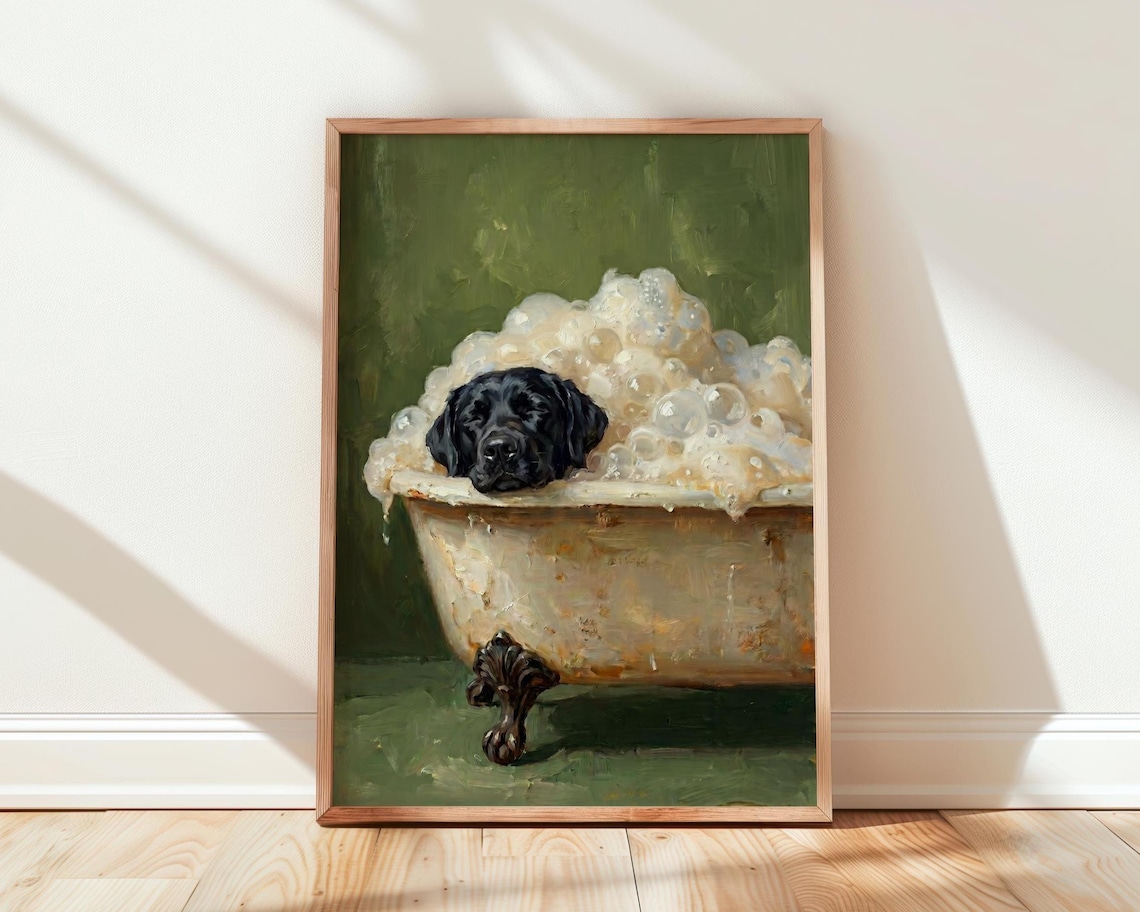 Black Labrador In Bath, Dog Bathroom Art Print
