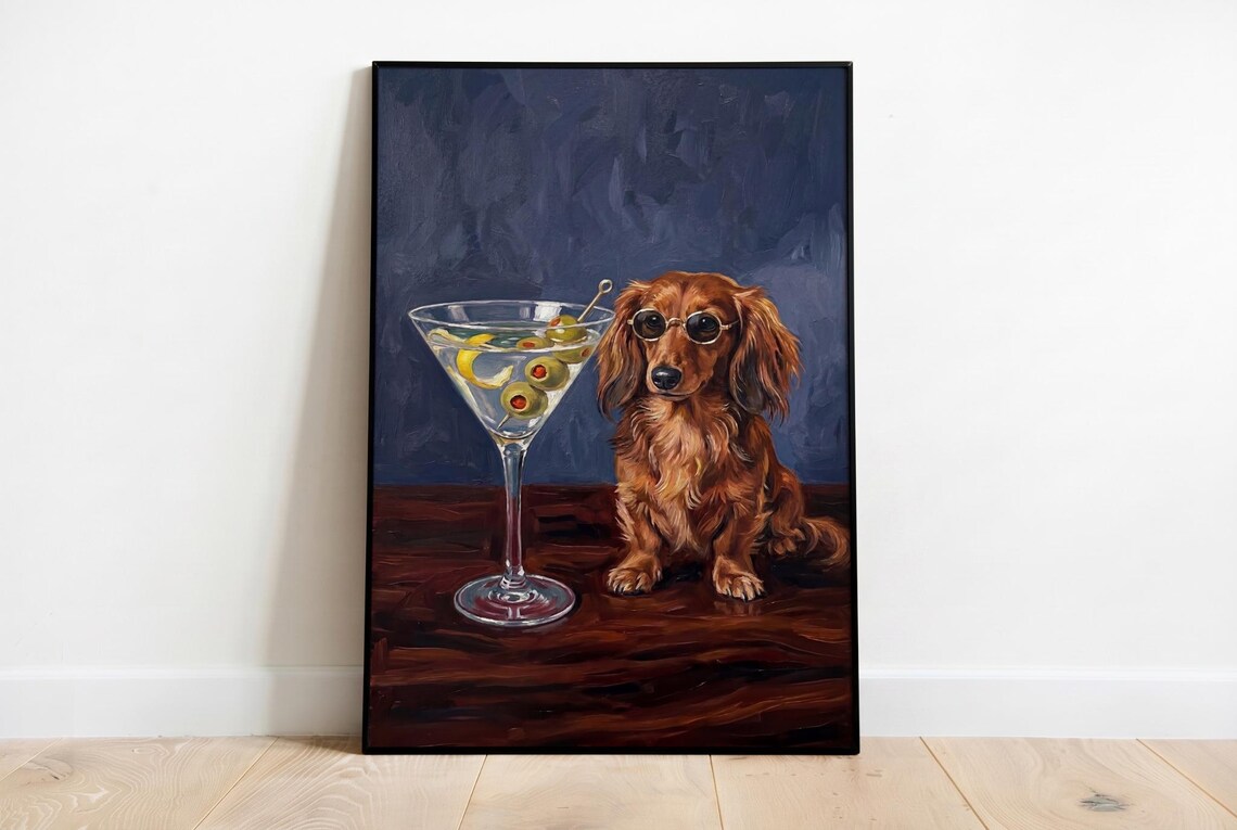 Dachshund Martini Cocktail Funny Long Haired Doxie Dog Kitchen Wall Art
