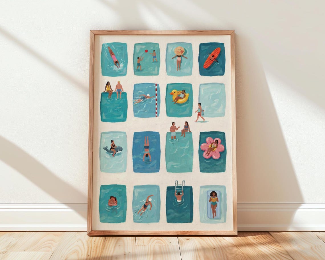 Swimming Pool Print Teal Blue Wall Art 16 Pools Poster
