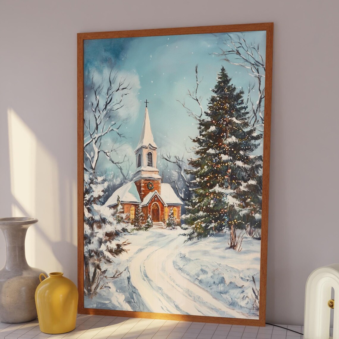 Snowy Christmas Church Chapel Winter Woodland Landscape Scene Poster