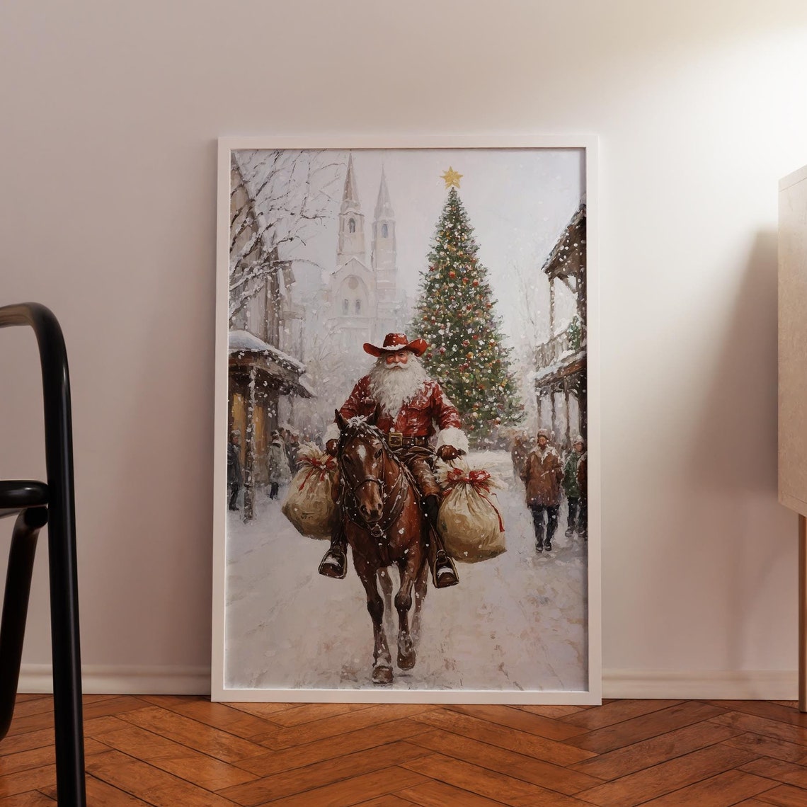 Cowboy Santa Vintage Oil Painting Santa Claus Riding A Horse Downtown Print Santa Carrying Gifts Bags Snowy Landscape Christmas Wall Art