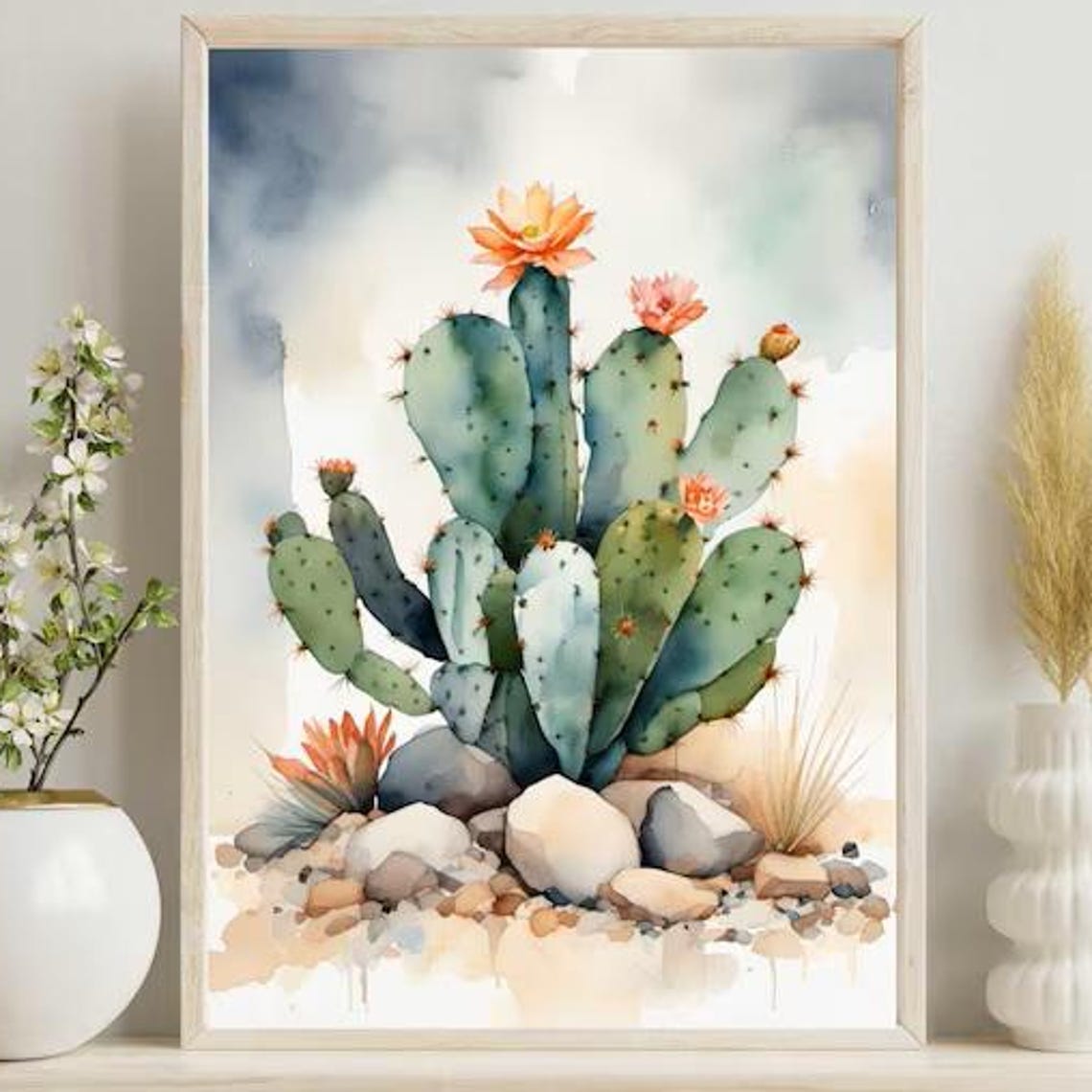 Prickly Pear Cactus Watercolor With Blooms and Stones Desert Poster