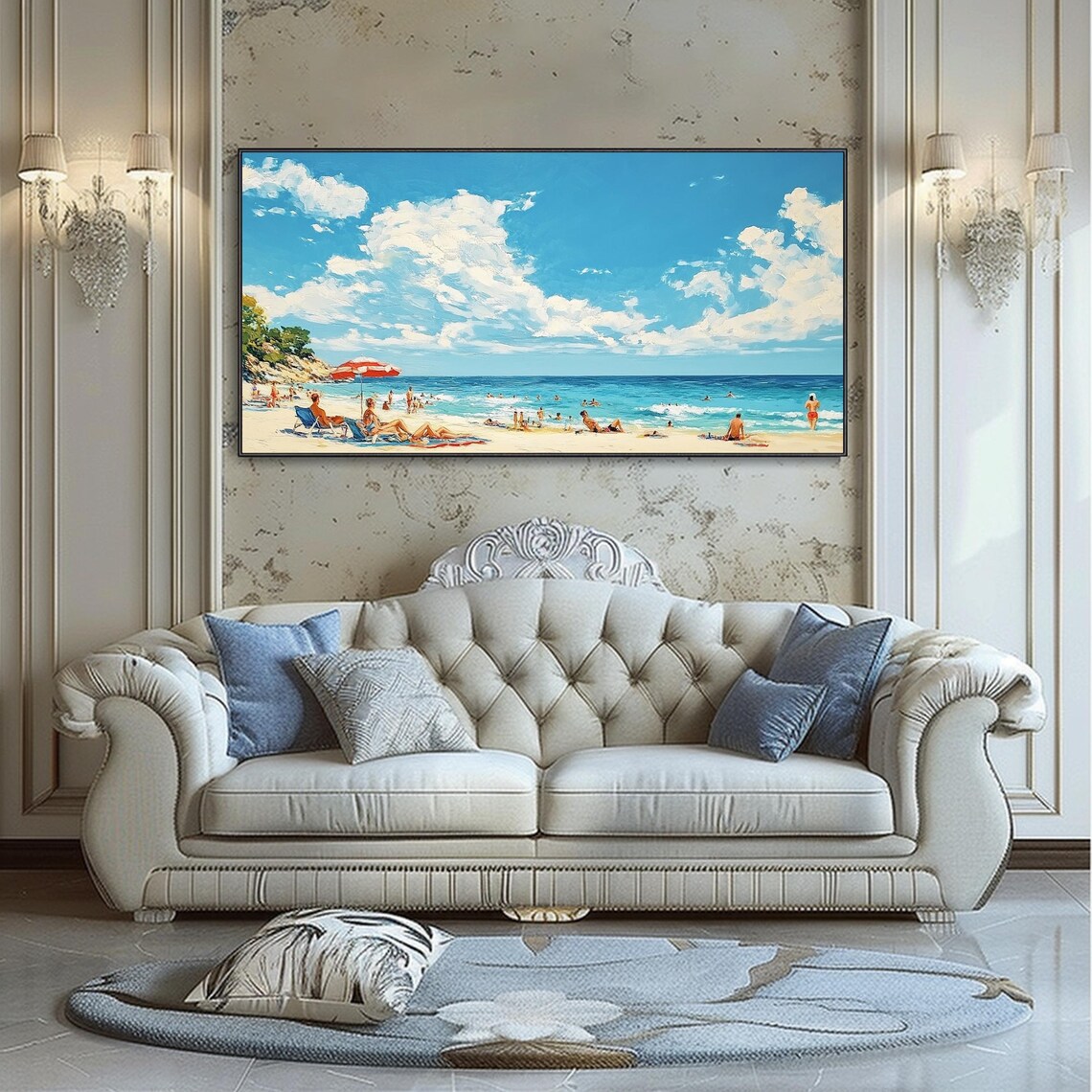 Sunny Beach Day Sunbathers Blue Ocean Seascape Oil Painting Wall Art - Image 4