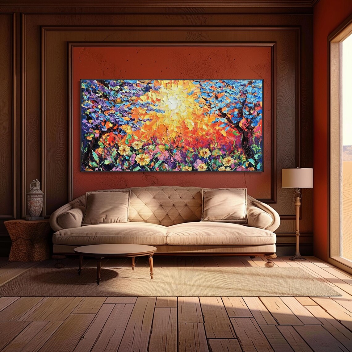 Blossom Tree Blazing Sun Colorful Garden Impasto Oil Painting Wall Art - Image 3