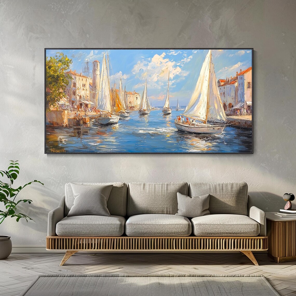Mediterranean Harbor Sailboats White Buildings Seascape Wall Art - Image 2