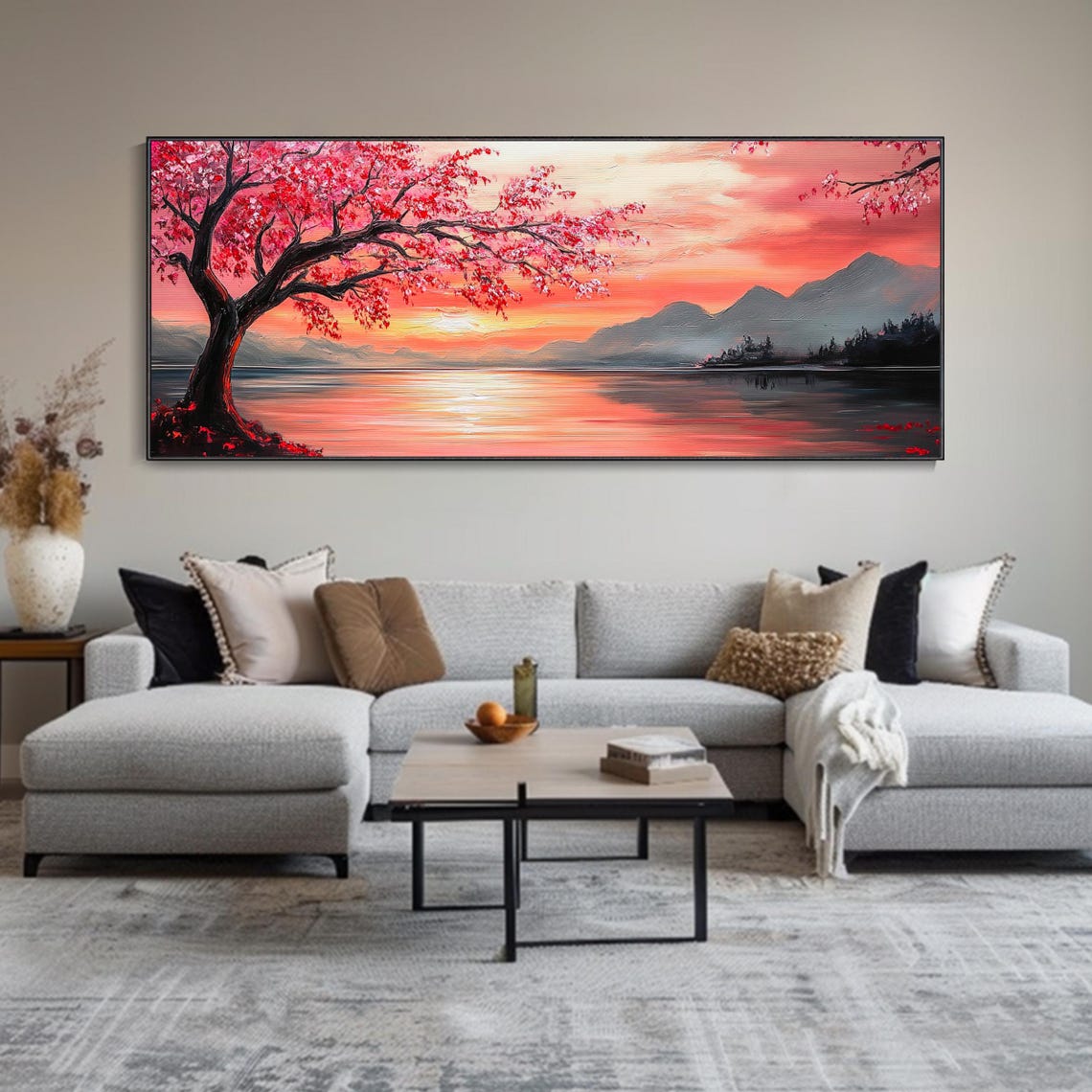 Pink Blossom Tree Lake Sunset Mountain Landscape Panoramic Wall Art - Image 4