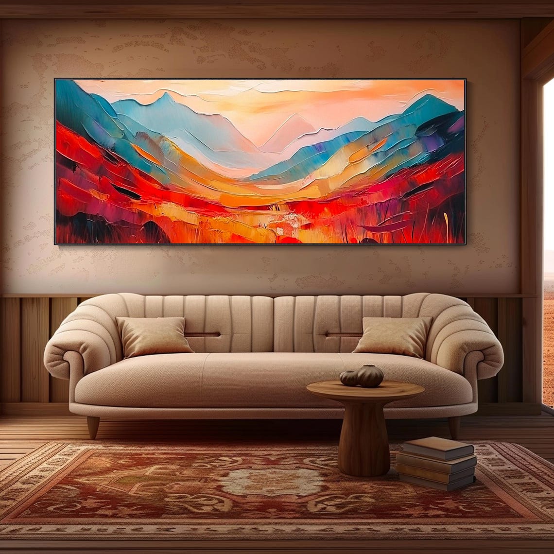 Fiery Red Mountain Valley Abstract Landscape Impasto Oil Wall Art - Image 2