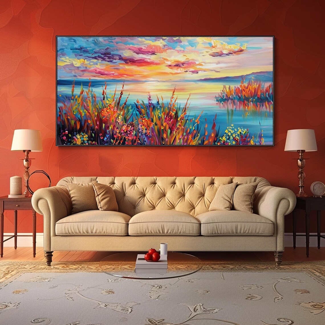 Sunrise Lake Wildflowers Oil Painting Colorful Morning Sky Impasto Wall Poster - Image 2