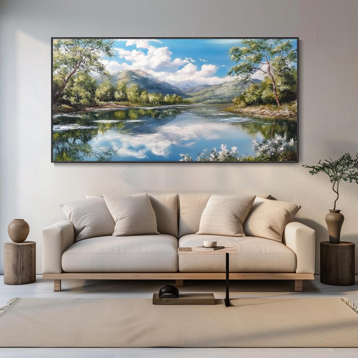 Mirror Lake Blue Sky Clouds Mountain Reflection Oil Painting Wall Art - Image 2