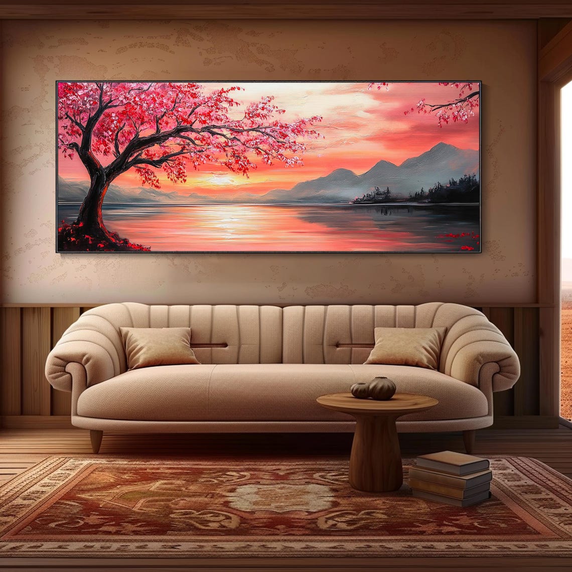 Pink Blossom Tree Lake Sunset Mountain Landscape Panoramic Wall Art - Image 3