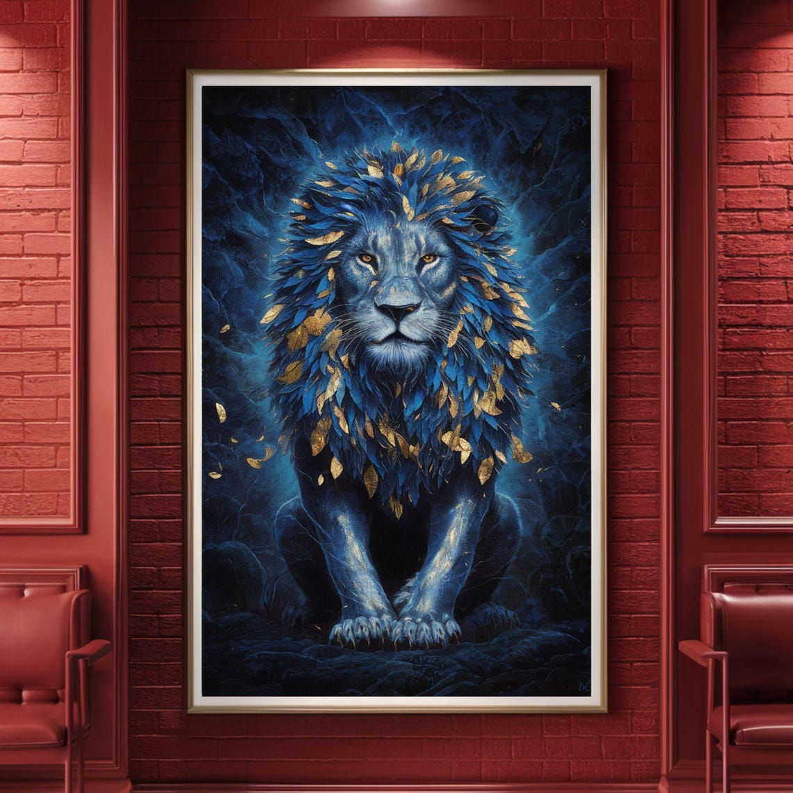 Midnight Blue Lion Golden Leaf Mane Wildlife Portrait Poster - Image 4