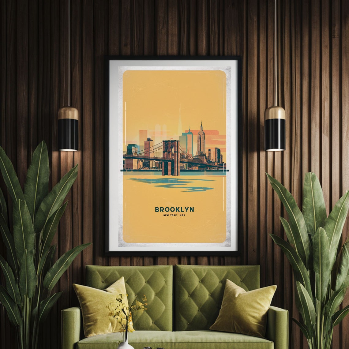 Brooklyn New York Bridge Skyline Golden Vintage Travel Poster - Image 4