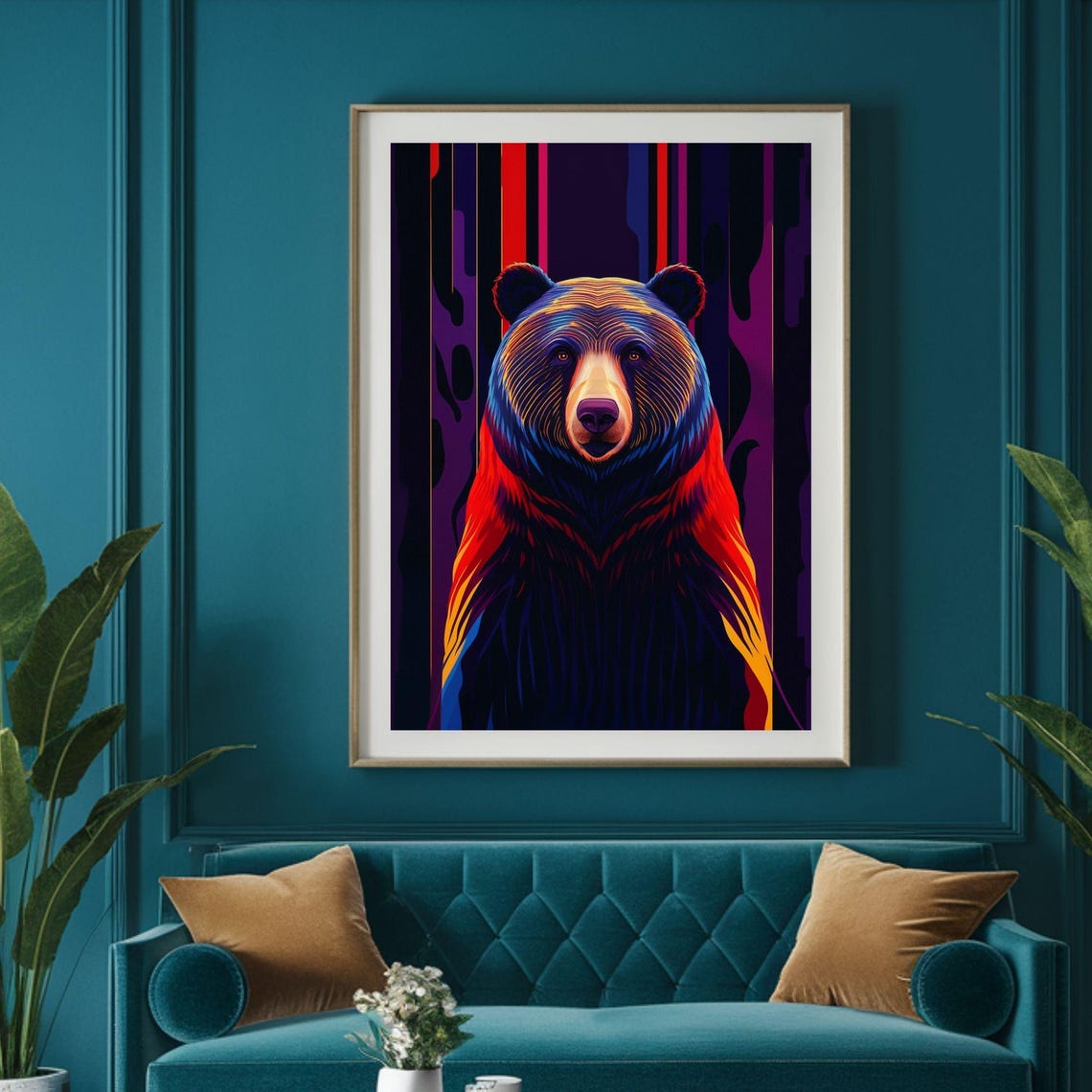 Neon Bear Portrait Red Blue Striped Modern Bold Wildlife Poster - Image 5