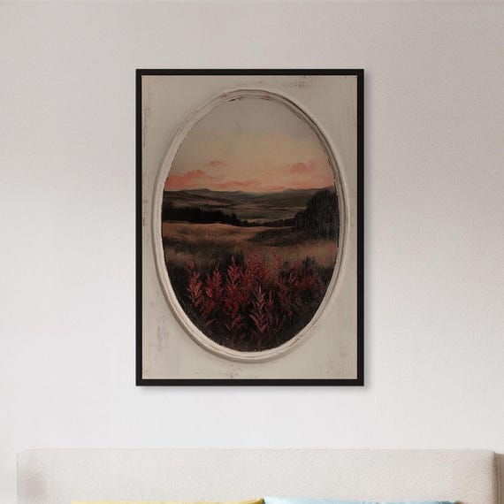 Framed Vintage Oval Landscape Wall Art Print Rustic Field At Sunset Poster Antique Style Country Decor Gift For Cozy Home Or Nature Lover