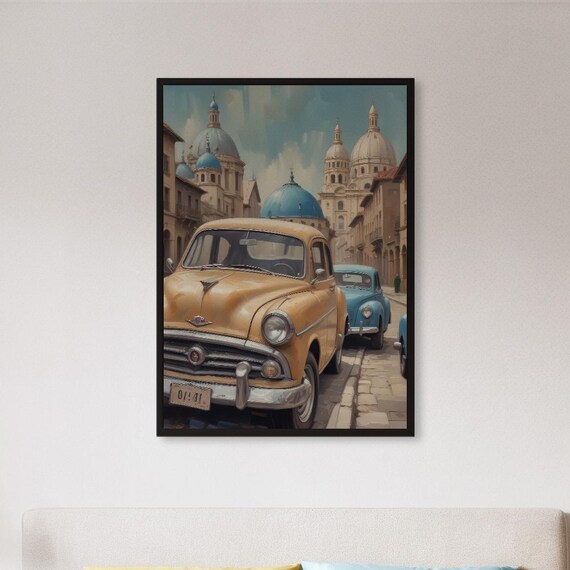 Yellow Vintage Classic Car European Old Town Street Art Poster