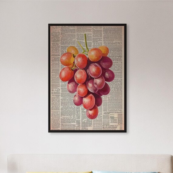 Watercolor Grape Cluster Still Life on Vintage Newspaper Background Poster