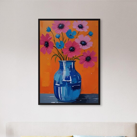 Framed Bold Flower Wall Art Print Bright Pink Blue Floral Poster With Orange Background Modern Gift For Garden Lovers Or Colorful Homes