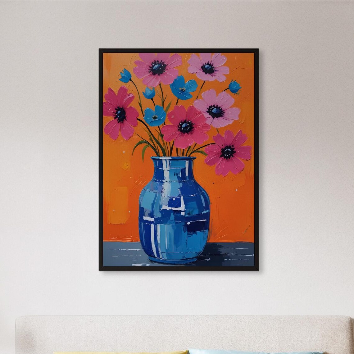Bold Pink Blue Flowers Orange Background Modern Floral Poster