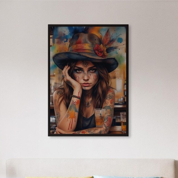Framed Tattooed Woman Wall Art Print Colorful Hat Portrait Poster Bold Boho Bar Scene Painting Gift For Modern Homes Or Collectors