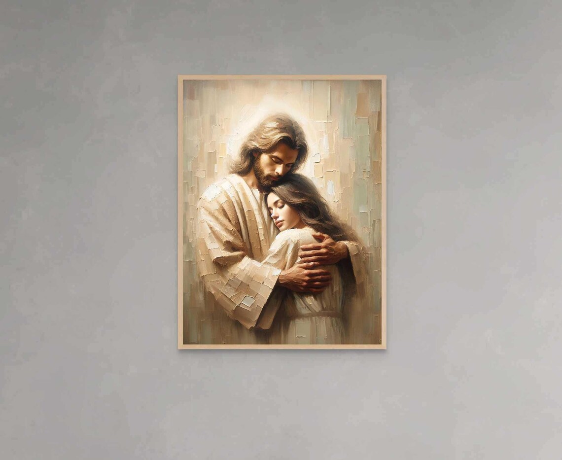 Jesus Holding Woman Close Tender Embrace Christian Art Poster