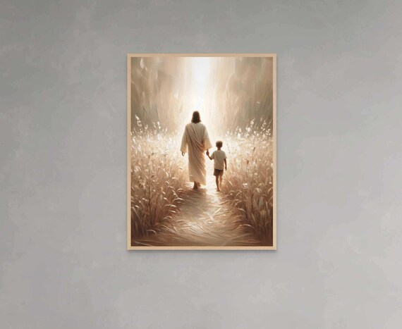 Jesus Walking Hand in Hand with Boy Toward Holy Light Poster
