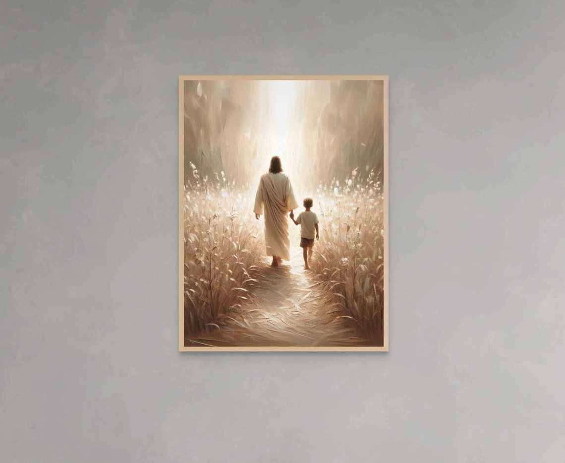 Jesus Walking Hand in Hand with Boy Toward Holy Light Poster