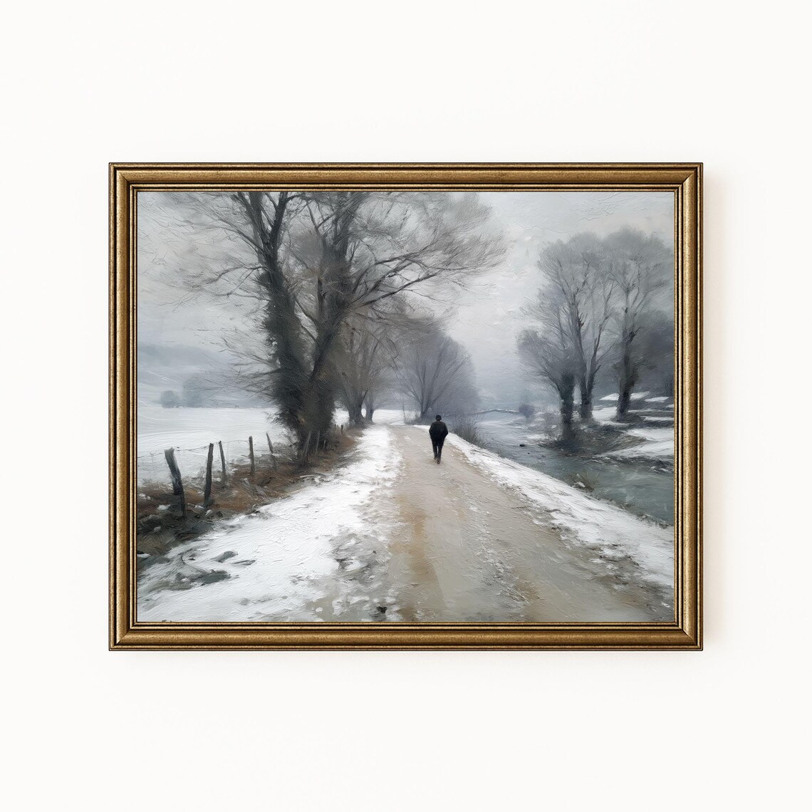 Misty Winter Road Lone Walker Snow Bare Trees Painting Poster