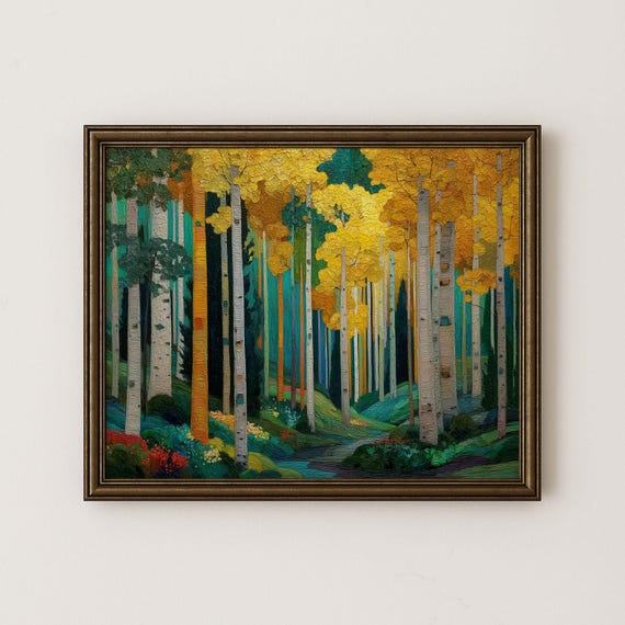 Autumn Aspen Grove Print Rustic Oil Painting Style Landscape 119