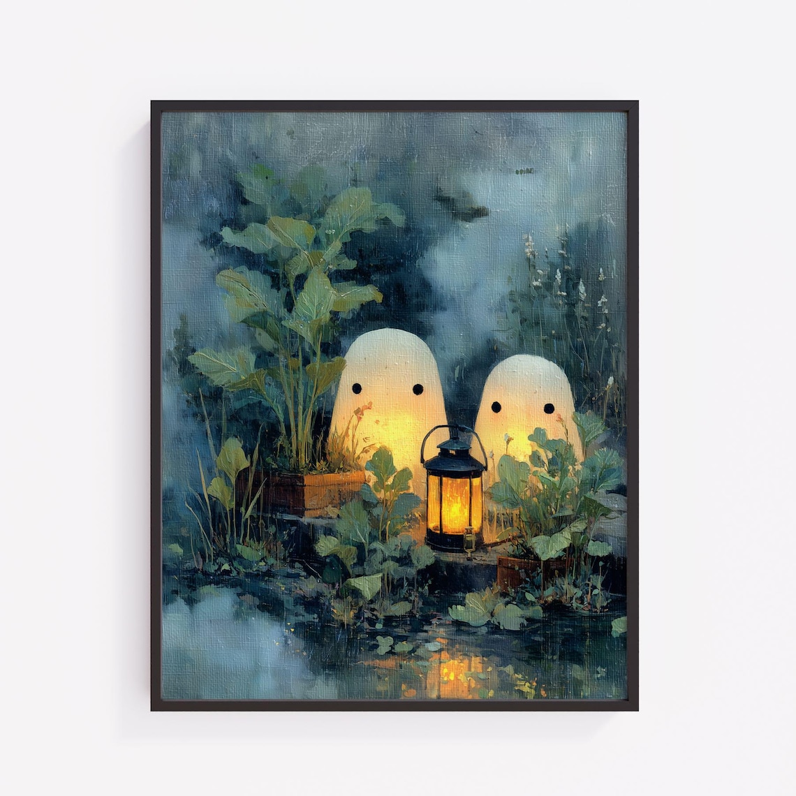 Two Cute Ghosts Holding Lantern Foggy Garden Halloween Art Poster