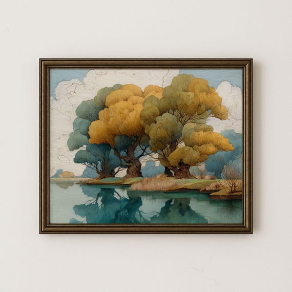 Vintage Willow Tree Riverbank Painting Autumn Landscape Art