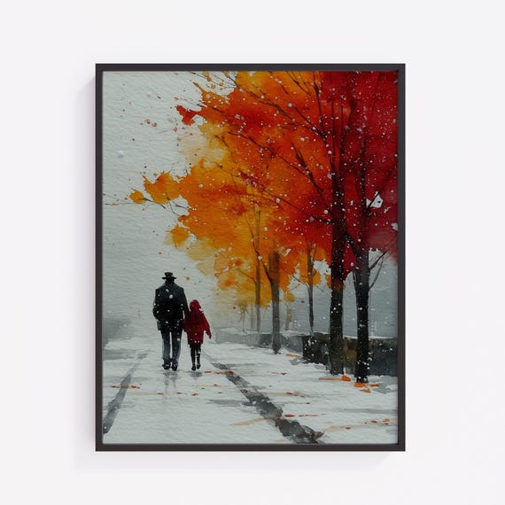 Autumn Walk With Family Rustic Fall Landscape Art Country Road Scene Crimson Trees