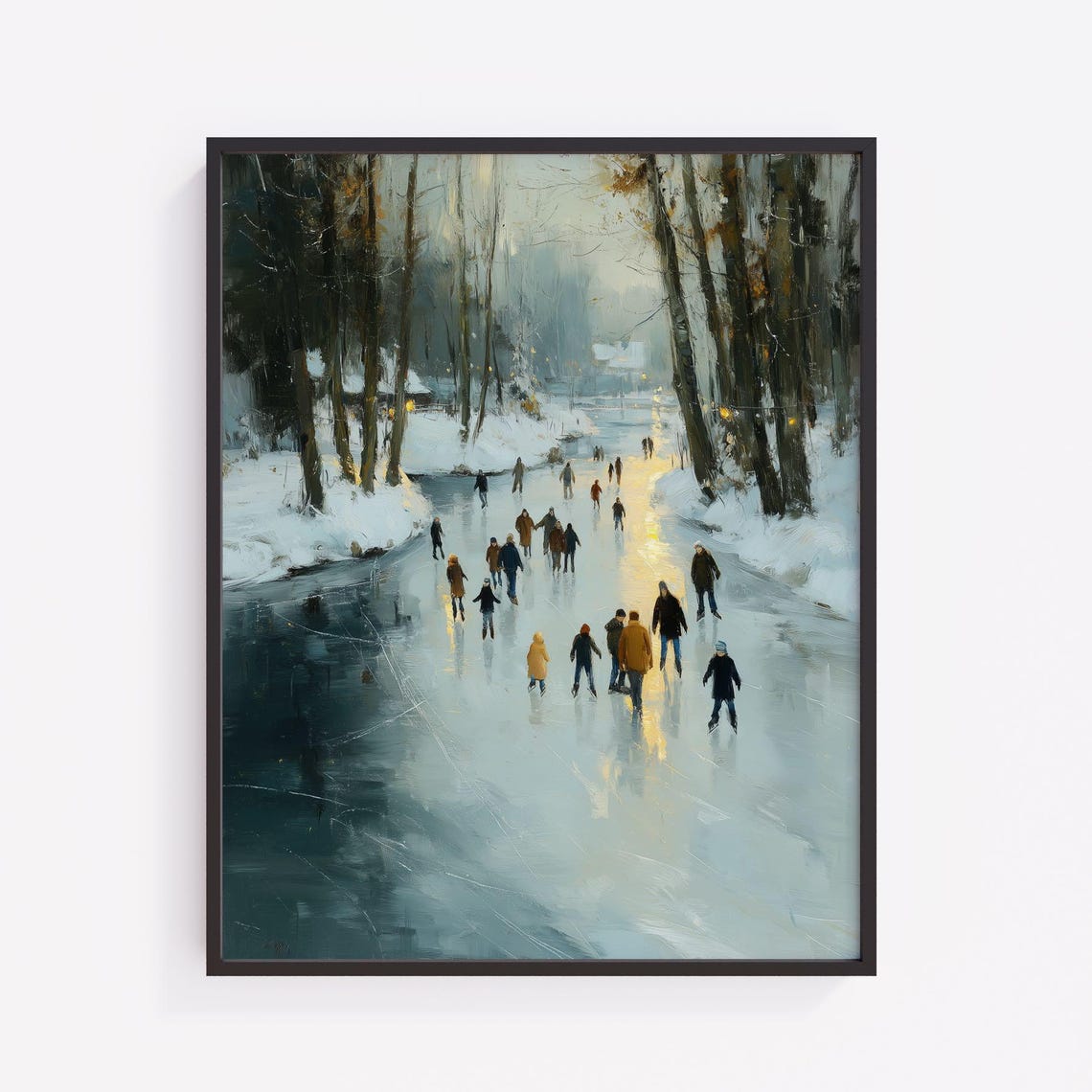 Winter Ice Skating Pond Dusk Vintage Snowy Forest Crowd Scene Print