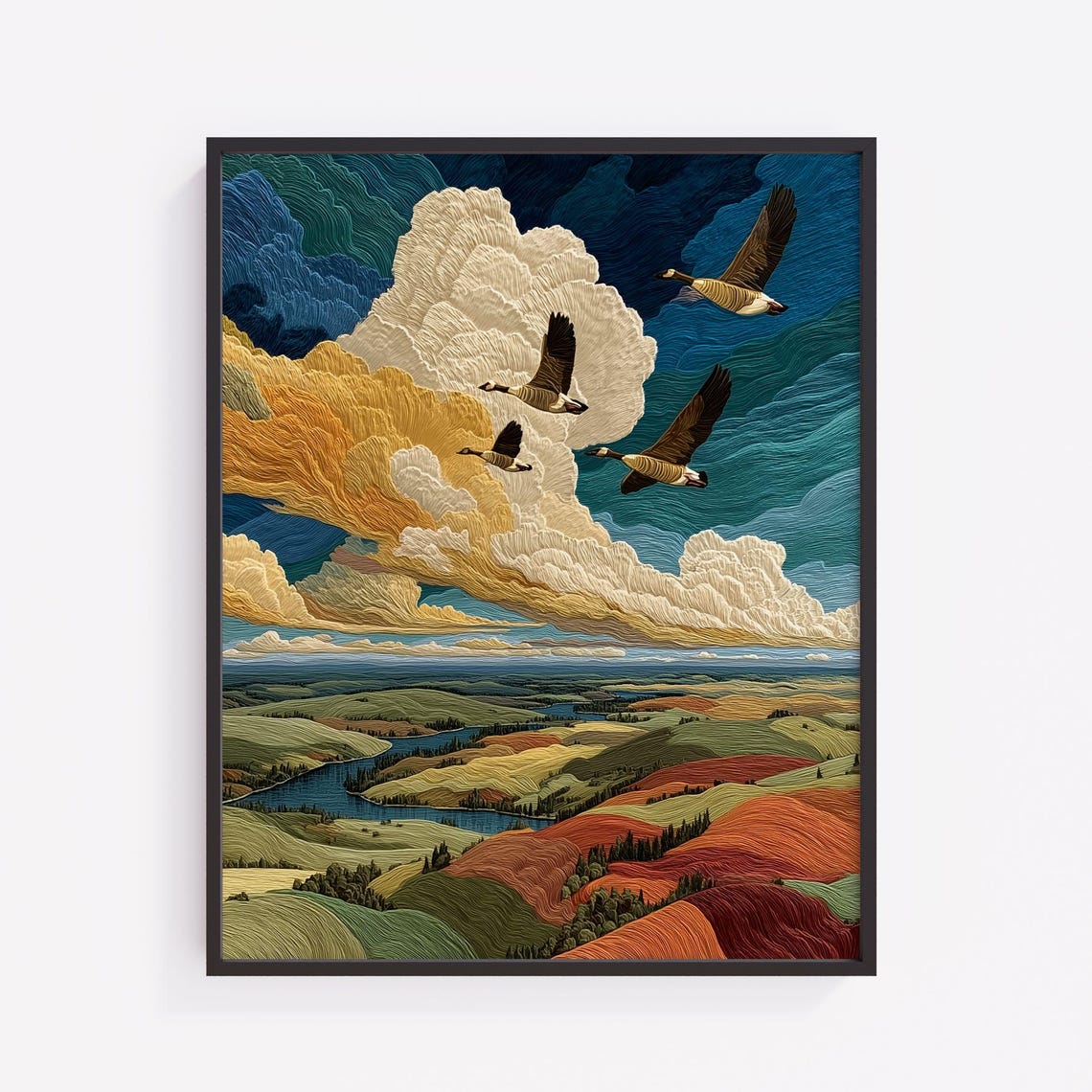 Migrating Canada Geese Over Colorful Rolling Farmland Textured Poster