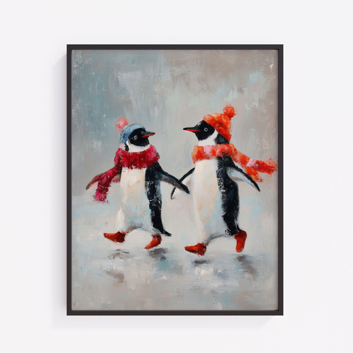 Playful Penguins In Red Scarves And Hats Walking On Ice Winter Print