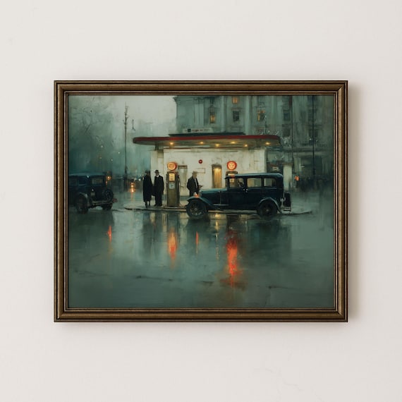 Vintage London Petrol Station Print 1930s Night Scene Cityscape 248
