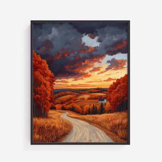 Autumn Sunset Landscape Painting Vintage Fall Sky Art