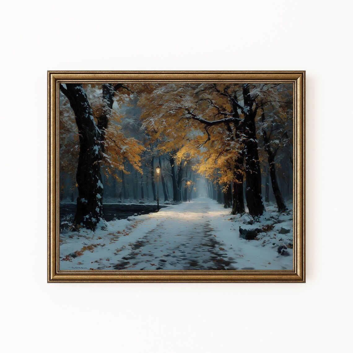 Winter Forest Path Golden Leaves Snowy Lane Lampposts Vintage Art Poster