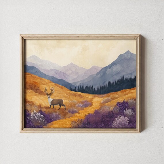 Stag In Golden Autumn Mountain Valley Watercolor Wildlife Poster