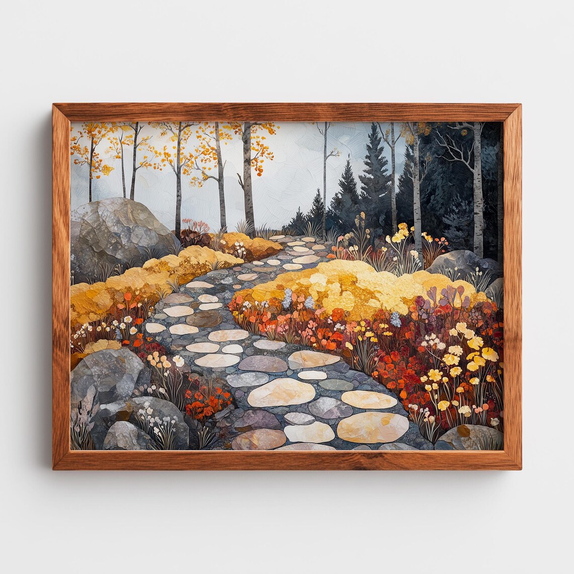 Autumn Stone Path Mosaic Garden Golden Leaves Painting Poster