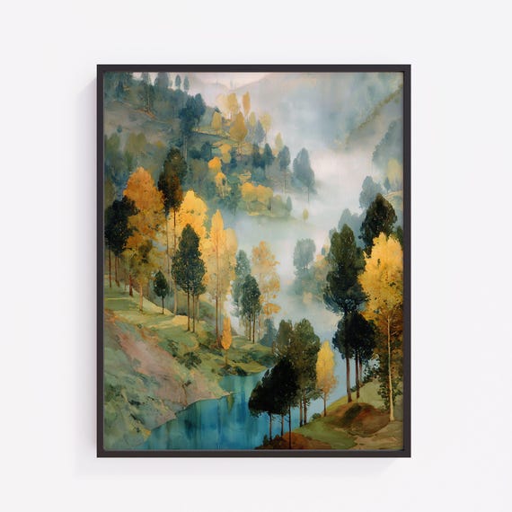 Misty Mountain Valley Watercolor Art Rustic Autumn Landscape