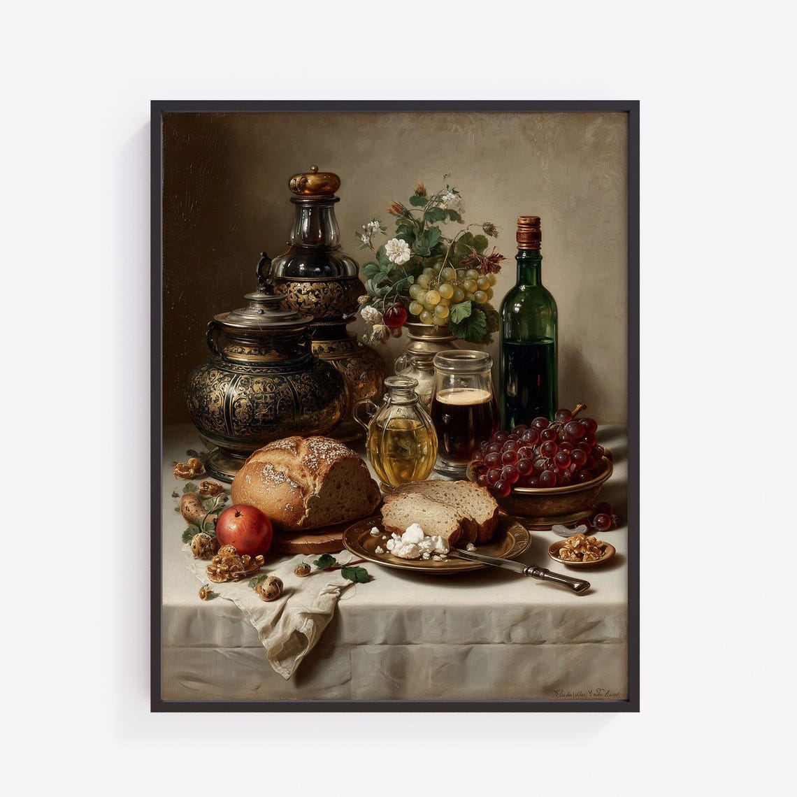 Classic Still Life Bread Wine Grapes Table Painting Kitchen Poster