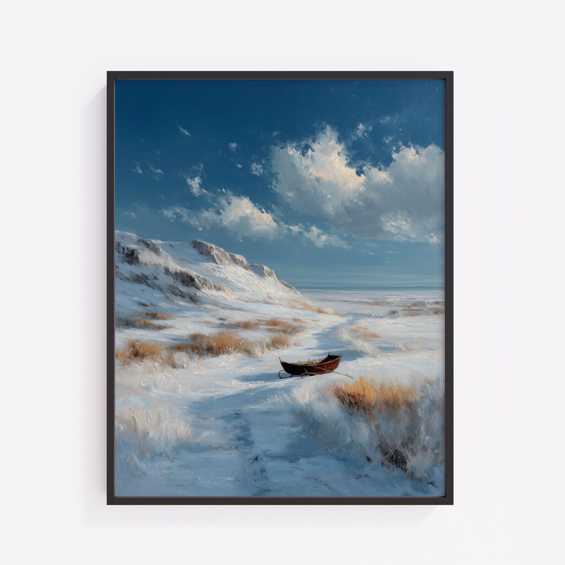 Snowy Winter Landscape Red Sled Peaceful Frozen Field Poster